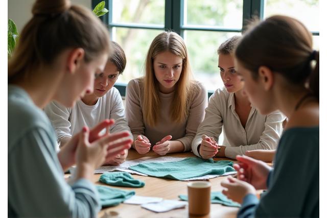 En gruppe mennesker lytter opmærksomt under en workshop om bæredygtighed, symboliserer uddannelse og bevidsthed.