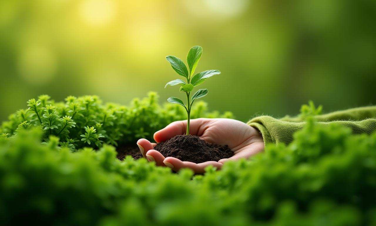 Grønne tekstiler og en hånd der planter et frø, symboliserer bæredygtig tekstilpleje med naturens elementer.