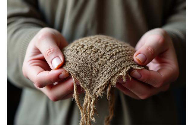 Antikt broderi under restaurering, hænder arbejder forsigtigt på det gamle stof.