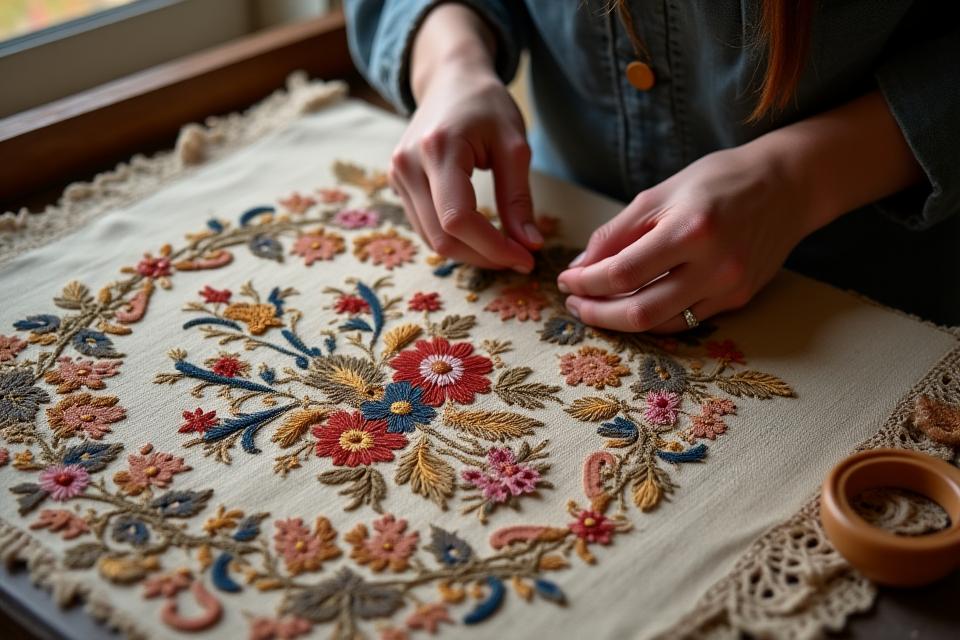 Antikt broderi under restaurering, hænder arbejder forsigtigt på det gamle stof.